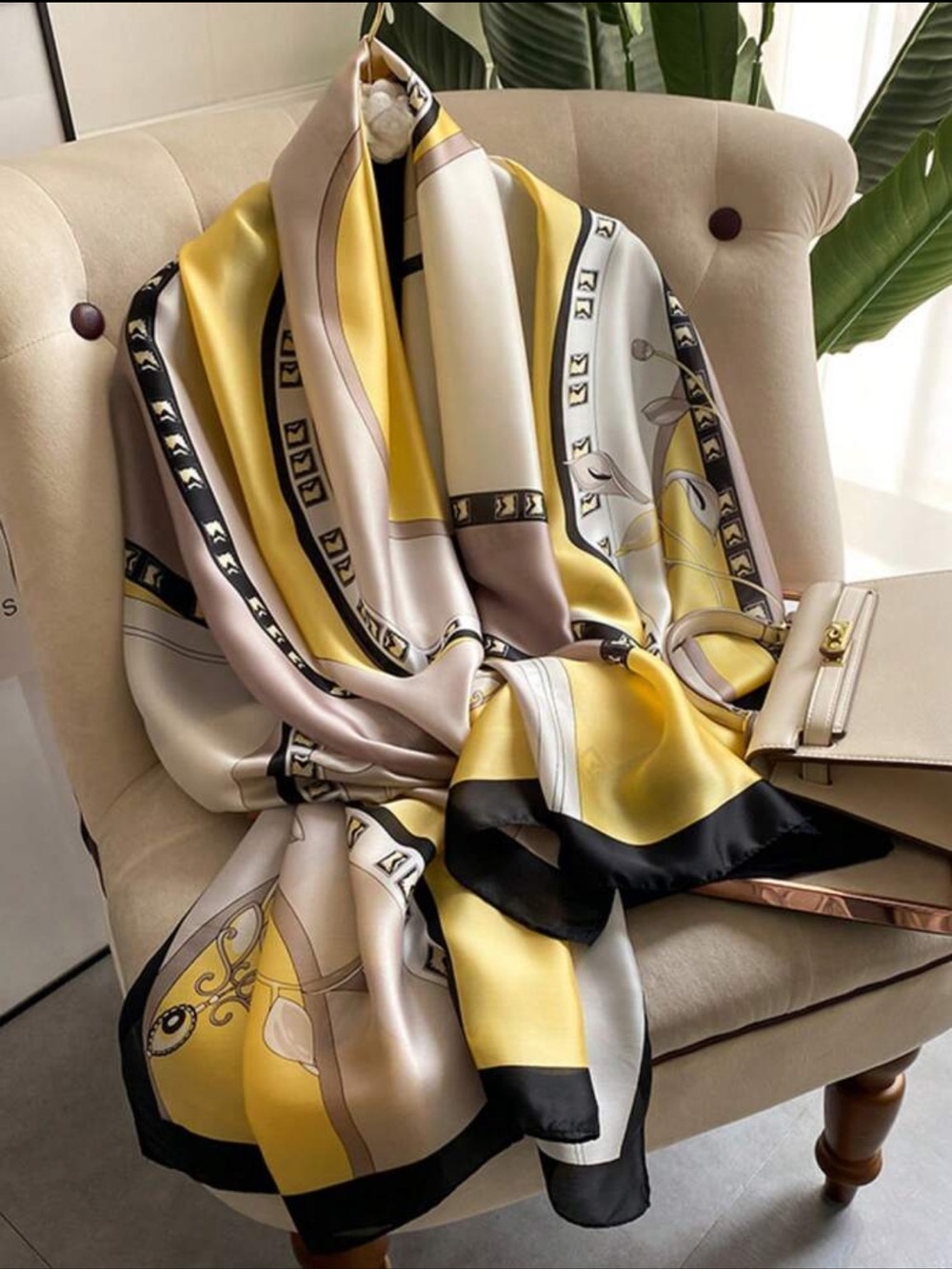 Satin Feel Scarf - Yellow, Black & Cream nwt